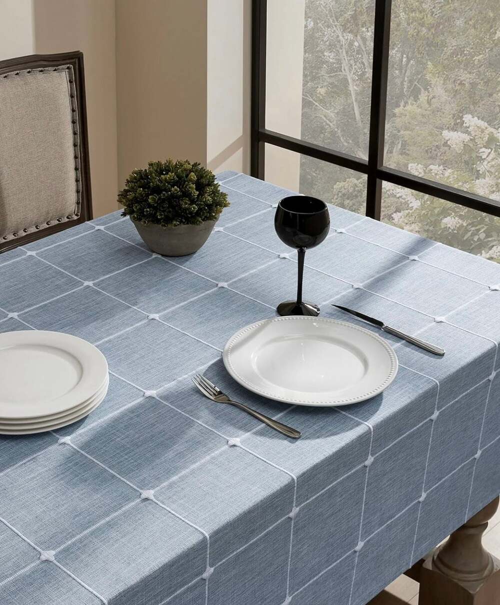 Grid Embroidered Farmhouse Tablecloth, Blue, 60" x 104". - Brand New!